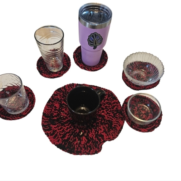 Hand Crafted Hand Knit Crochet Coaster 6pc Set Red & black double stitch floral - Picture 5 of 17